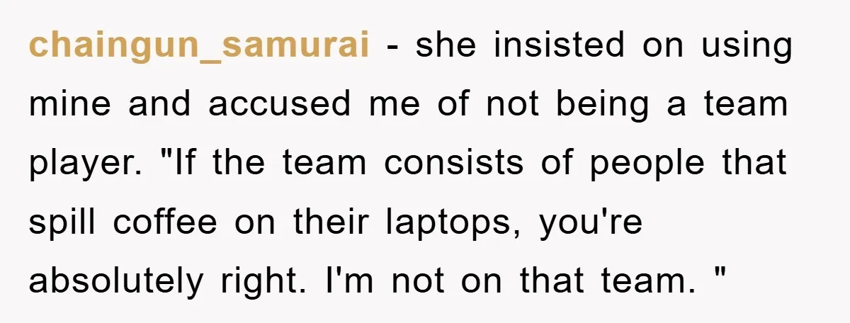 chaingun_samurai − she insisted on using mine and accused me of not being a team player. "If the team consists of people that spill coffee on their laptops, you're absolutely...