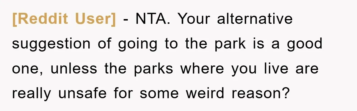 [Reddit User] − NTA. Your alternative suggestion of going to the park is a good one, unless the parks where you live are really unsafe for some weird reason?