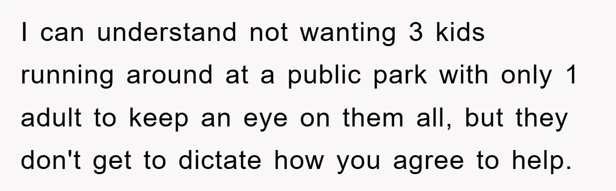 I can understand not wanting 3 kids running around at a public park with only 1 adult to keep an eye on them all, but they don't get to dictate...