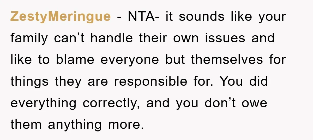 ZestyMeringue − NTA- it sounds like your family can’t handle their own issues and like to blame everyone but themselves for things they are responsible for. You did everything correctly,...