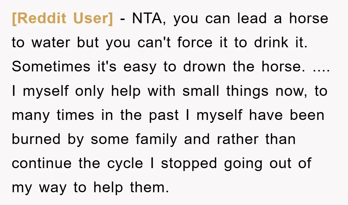[Reddit User] − NTA, you can lead a horse to water but you can't force it to drink it. Sometimes it's easy to drown the horse. .... I myself only...