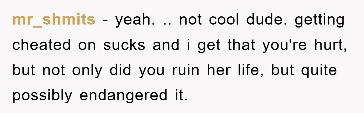 mr_shmits − yeah. .. not cool dude. getting cheated on sucks and i get that you're hurt, but not only did you ruin her life, but quite possibly endangered it.