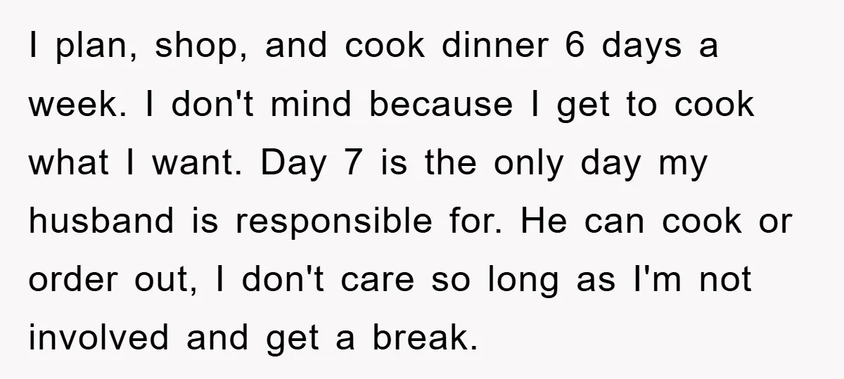 I plan, shop, and cook dinner 6 days a week. I don't mind because I get to cook what I want. Day 7 is the only day my husband is...
