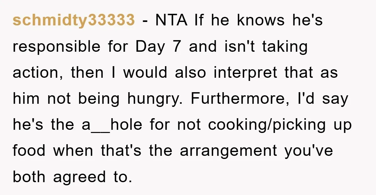 schmidty33333 − NTA If he knows he's responsible for Day 7 and isn't taking action, then I would also interpret that as him not being hungry. Furthermore, I'd say he's...