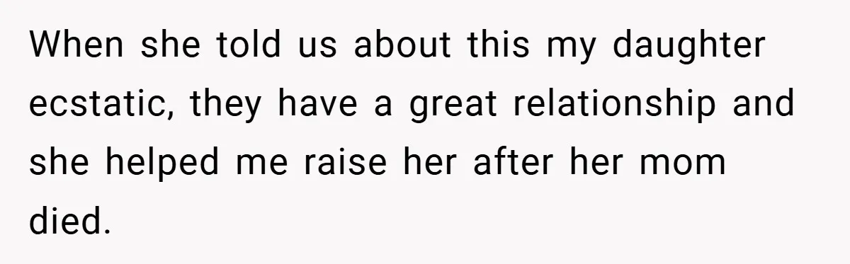 When she told us about this my daughter ecstatic, they have a great relationship and she helped me raise her after her mom died.