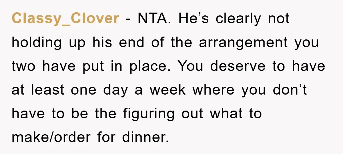 Classy_Clover − NTA. He’s clearly not holding up his end of the arrangement you two have put in place. You deserve to have at least one day a week where...