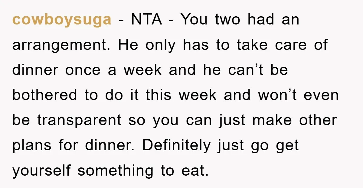 cowboysuga − NTA - You two had an arrangement. He only has to take care of dinner once a week and he can’t be bothered to do it this week...