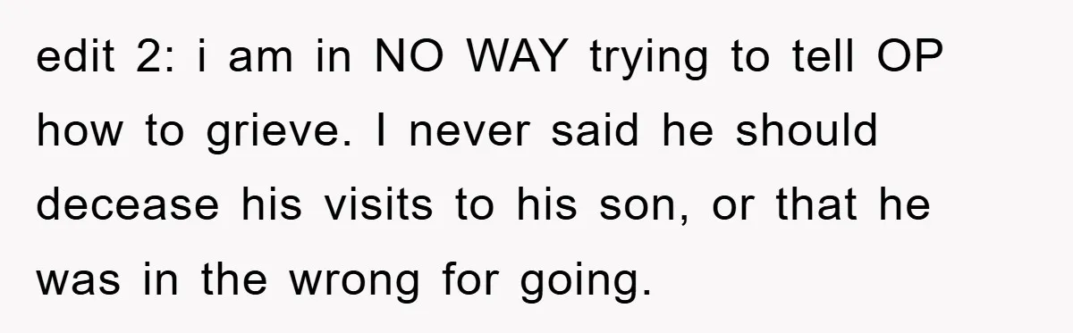 edit 2: i am in NO WAY trying to tell OP how to grieve. I never said he should decease his visits to his son, or that he was in...