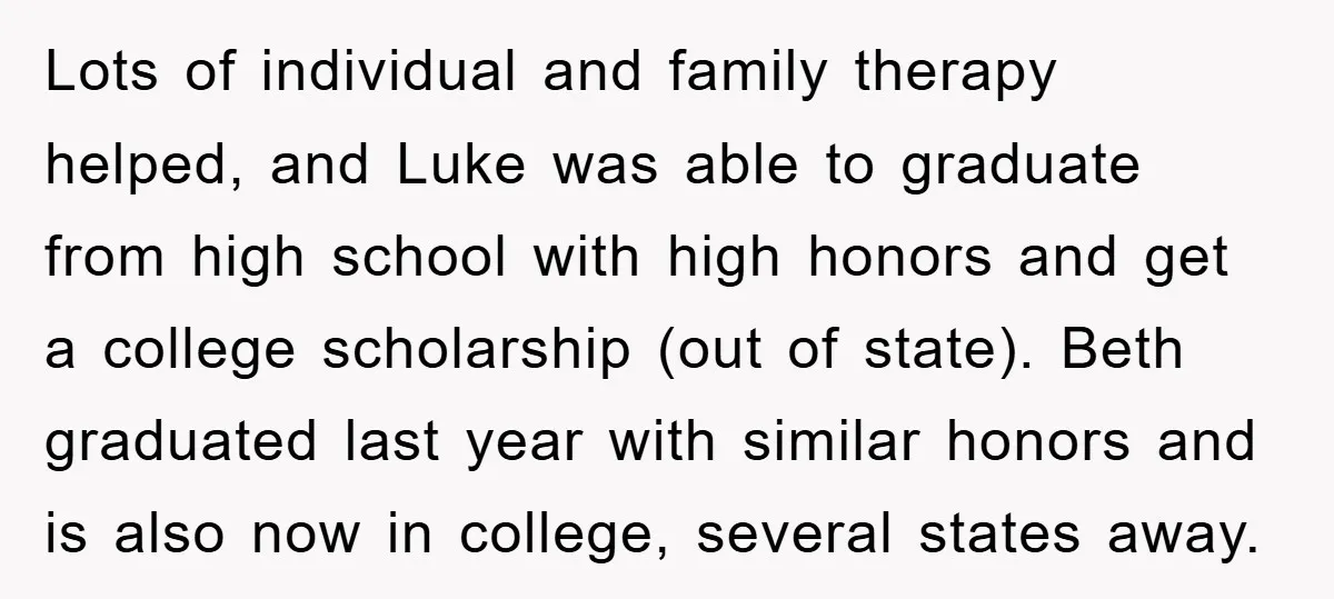 Lots of individual and family therapy helped, and Luke was able to graduate from high school with high honors and get a college scholarship (out of state). Beth graduated last...