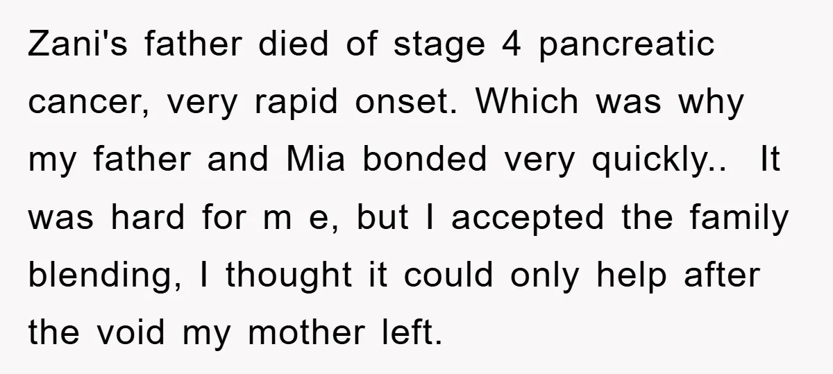 Zani's father died of stage 4 pancreatic cancer, very rapid onset. Which was why my father and Mia bonded very quickly.. ​ It was hard for m e, but I...