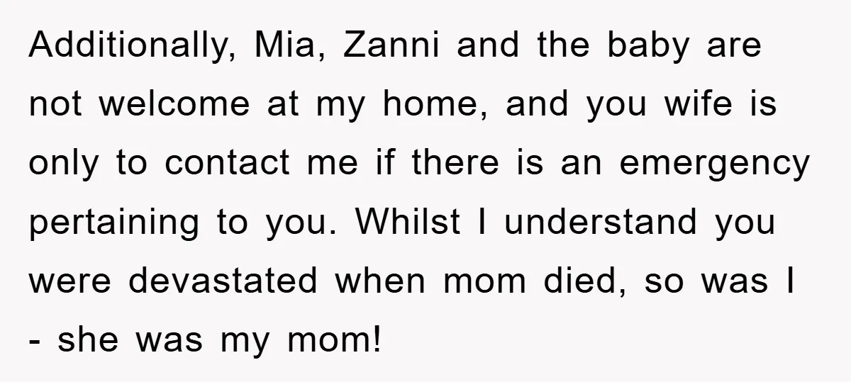 Additionally, Mia, Zanni and the baby are not welcome at my home, and you wife is only to contact me if there is an emergency pertaining to you. Whilst I...