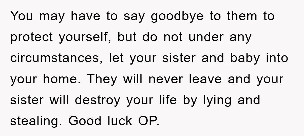 You may have to say goodbye to them to protect yourself, but do not under any circumstances, let your sister and baby into your home. They will never leave and...
