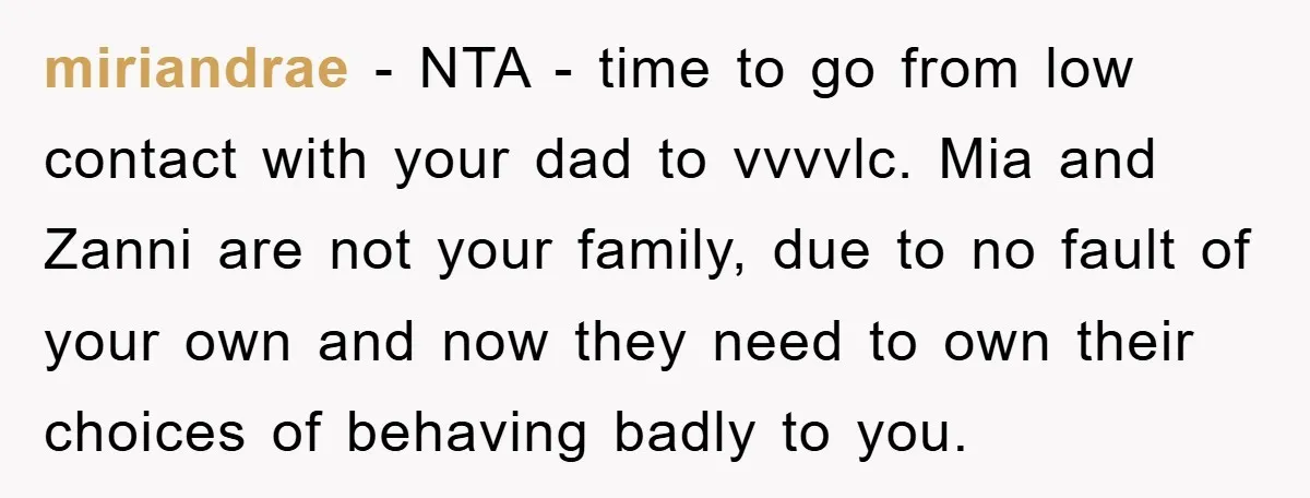 miriandrae − NTA - time to go from low contact with your dad to vvvvlc. Mia and Zanni are not your family, due to no fault of your own and...