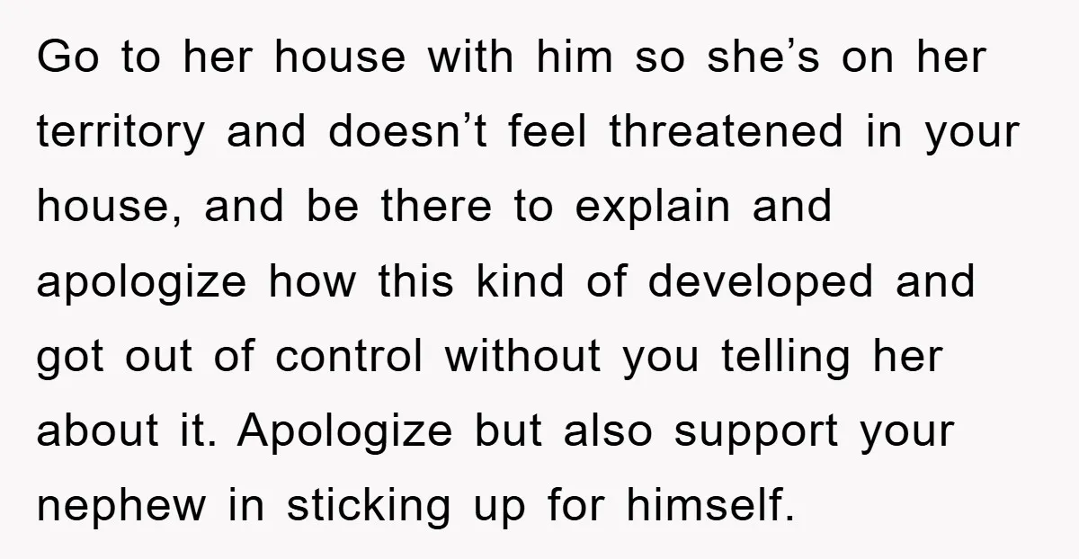 Go to her house with him so she’s on her territory and doesn’t feel threatened in your house, and be there to explain and apologize how this kind of developed...