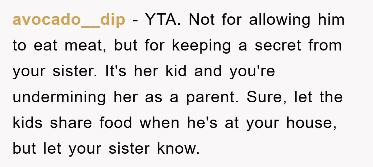 avocado__dip − YTA. Not for allowing him to eat meat, but for keeping a secret from your sister. It's her kid and you're undermining her as a parent. Sure, let...