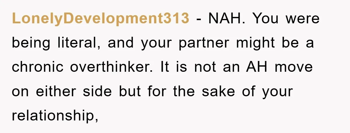 LonelyDevelopment313 − NAH. You were being literal, and your partner might be a chronic overthinker. It is not an AH move on either side but for the sake of your...