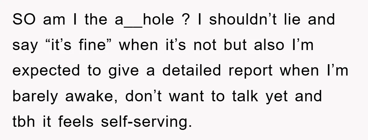 SO am I the a__hole ? I shouldn’t lie and say “it’s fine” when it’s not but also I’m expected to give a detailed report when I’m barely awake, don’t...