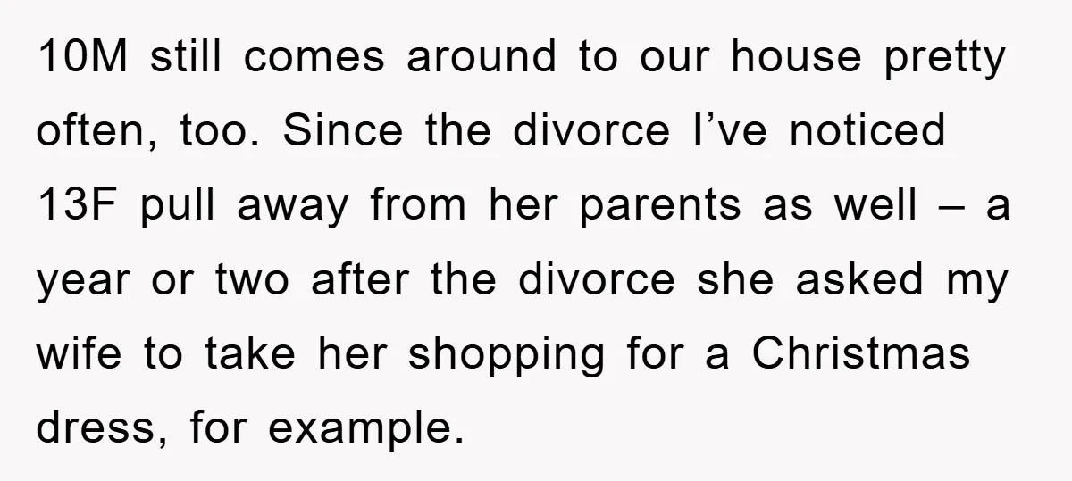 10M still comes around to our house pretty often, too. Since the divorce I’ve noticed 13F pull away from her parents as well – a year or two after the...