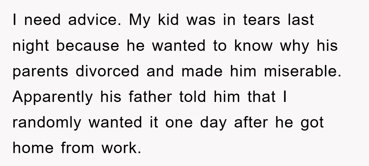 I need advice. My kid was in tears last night because he wanted to know why his parents divorced and made him miserable. Apparently his father told him that I...
