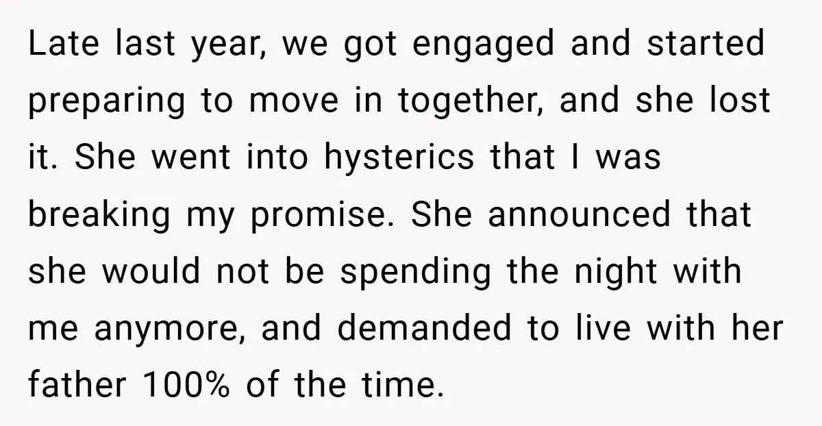 Late last year, we got engaged and started preparing to move in together, and she lost it. She went into hysterics that I was breaking my promise. She announced that...