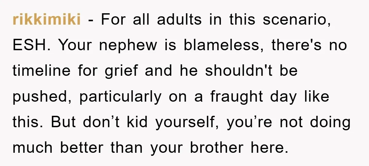 rikkimiki − For all adults in this scenario, ESH. Your nephew is blameless, there's no timeline for grief and he shouldn't be pushed, particularly on a fraught day like this....