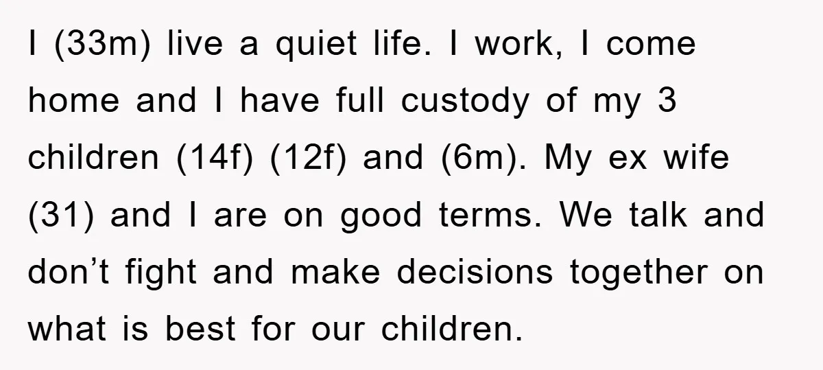 I (33m) live a quiet life. I work, I come home and I have full custody of my 3 children (14f) (12f) and (6m). My ex wife (31) and I...