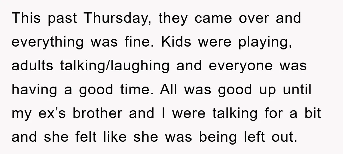 This past Thursday, they came over and everything was fine. Kids were playing, adults talking/laughing and everyone was having a good time. All was good up until my ex’s brother...