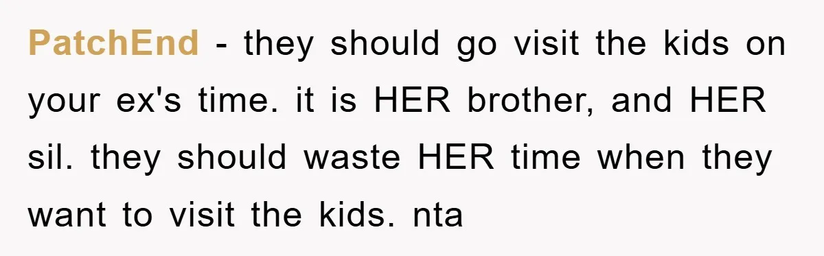 PatchEnd − they should go visit the kids on your ex's time. it is HER brother, and HER sil. they should waste HER time when they want to visit the...