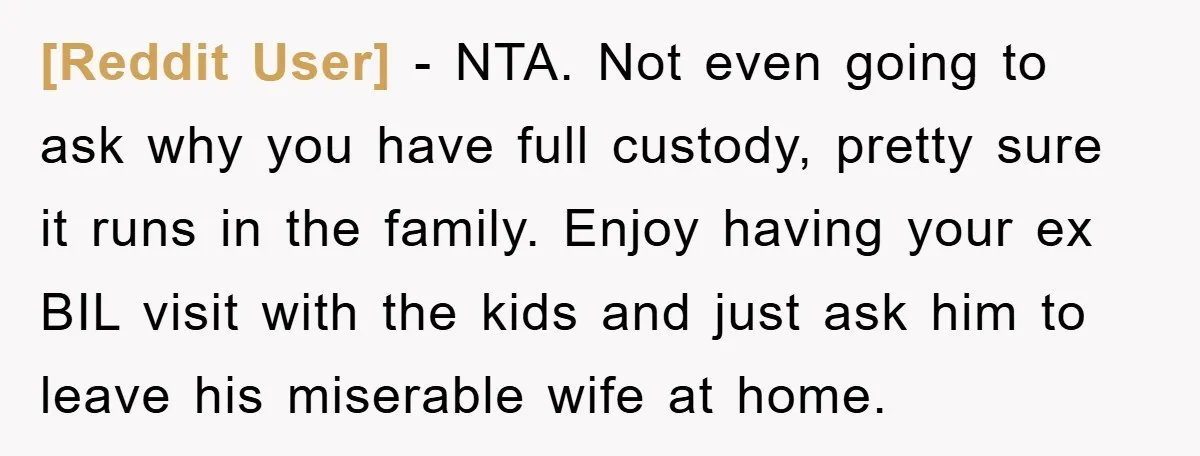 [Reddit User] − NTA. Not even going to ask why you have full custody, pretty sure it runs in the family. Enjoy having your ex BIL visit with the kids...