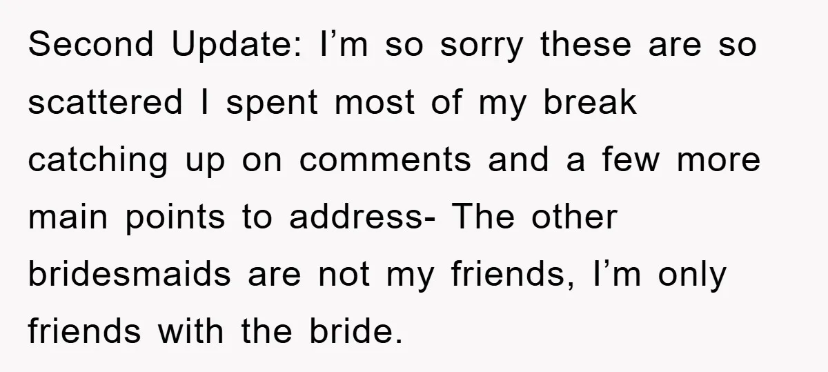 Second Update: I’m so sorry these are so scattered I spent most of my break catching up on comments and a few more main points to address- The other bridesmaids...