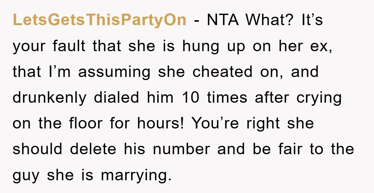 LetsGetsThisPartyOn − NTA What? It’s your fault that she is hung up on her ex, that I’m assuming she cheated on, and drunkenly dialed him 10 times after crying on...