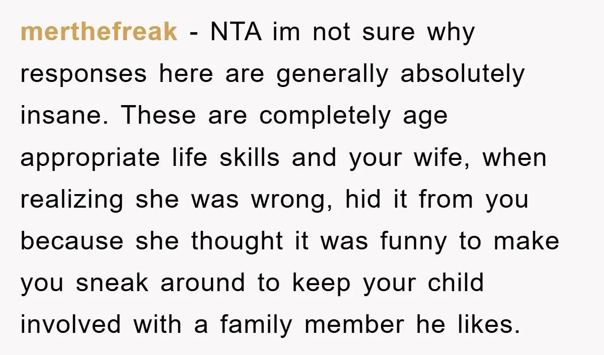 merthefreak − NTA im not sure why responses here are generally absolutely insane. These are completely age appropriate life skills and your wife, when realizing she was wrong, hid it...