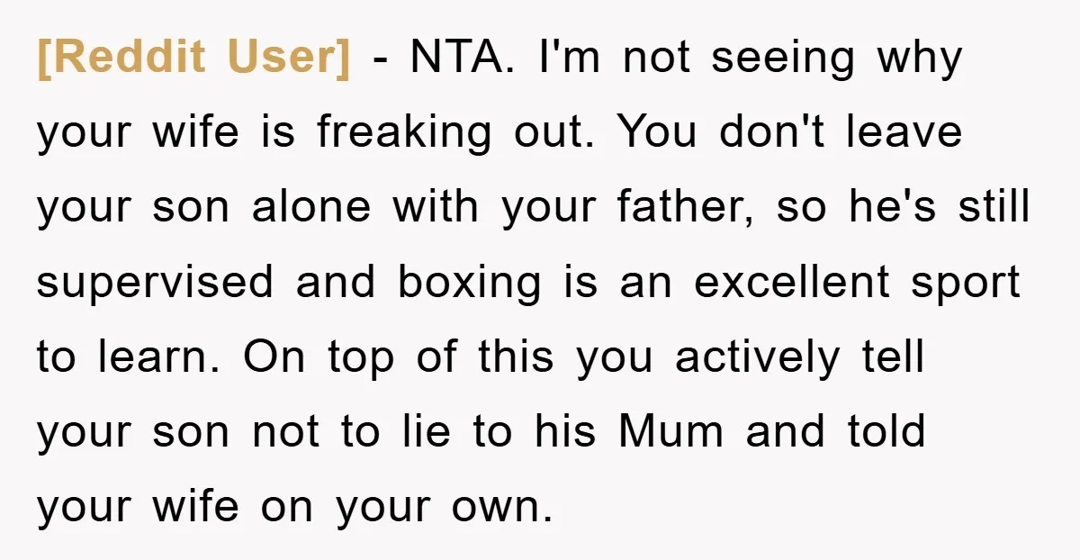 [Reddit User] − NTA. I'm not seeing why your wife is freaking out. You don't leave your son alone with your father, so he's still supervised and boxing is an...