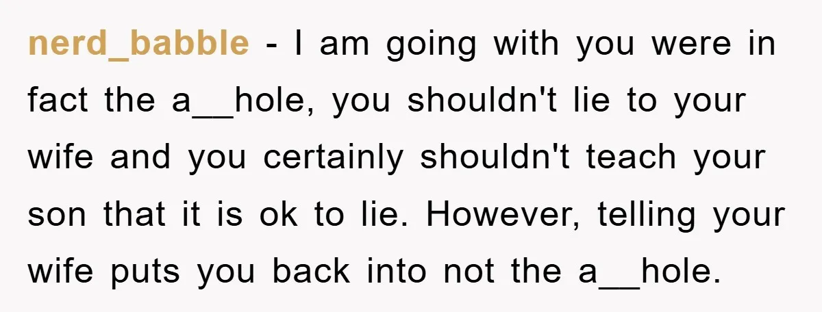 nerd_babble − I am going with you were in fact the a__hole, you shouldn't lie to your wife and you certainly shouldn't teach your son that it is ok to...