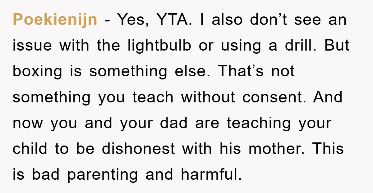Poekienijn − Yes, YTA. I also don’t see an issue with the lightbulb or using a drill. But boxing is something else. That’s not something you teach without consent. And...
