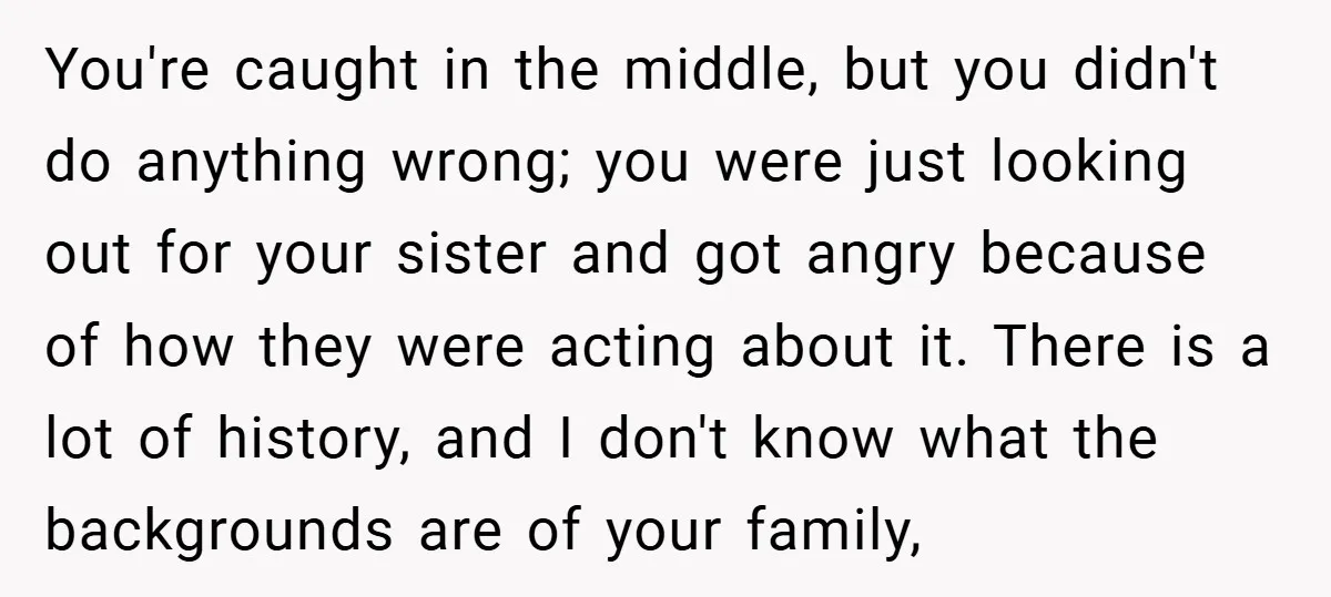 You're caught in the middle, but you didn't do anything wrong; you were just looking out for your sister and got angry because of how they were acting about it....