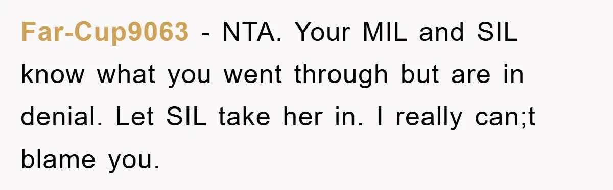 Far-Cup9063 − NTA. Your MIL and SIL know what you went through but are in denial. Let SIL take her in. I really can;t blame you.