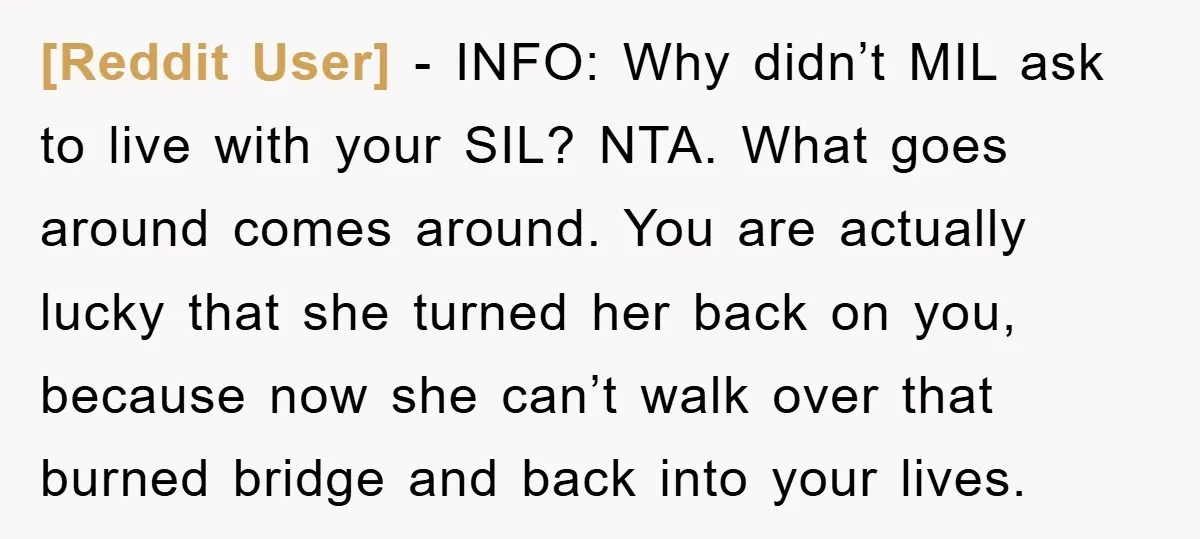 [Reddit User] − INFO: Why didn’t MIL ask to live with your SIL? NTA. What goes around comes around. You are actually lucky that she turned her back on you,...