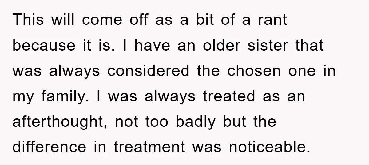 This will come off as a bit of a rant because it is. I have an older sister that was always considered the chosen one in my family. I was...
