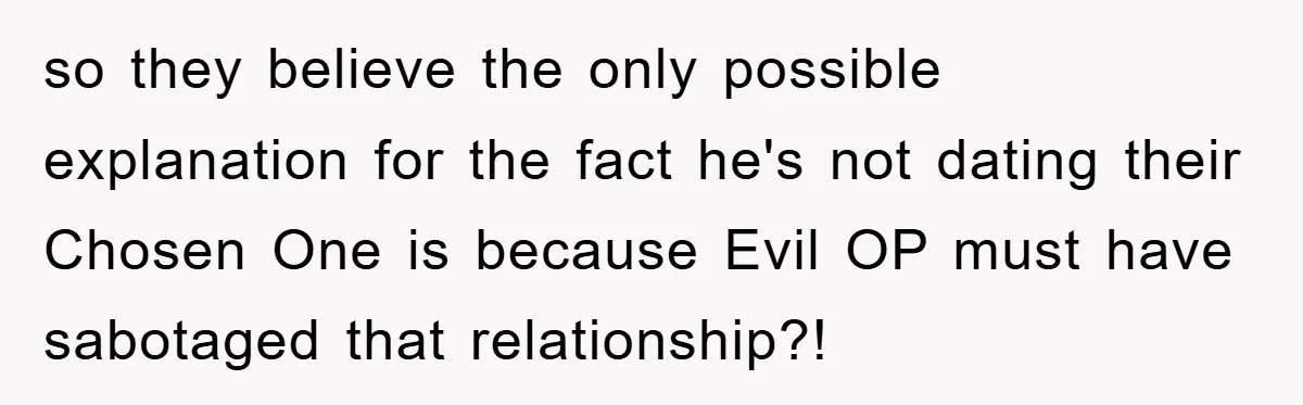 so they believe the only possible explanation for the fact he's not dating their Chosen One is because Evil OP must have sabotaged that relationship?!