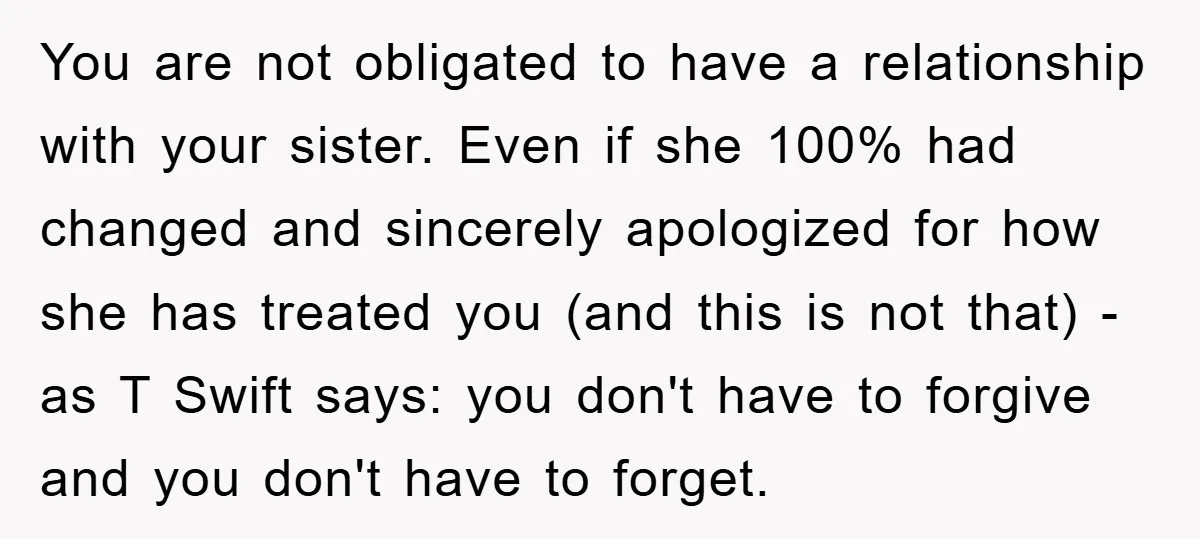 You are not obligated to have a relationship with your sister. Even if she 100% had changed and sincerely apologized for how she has treated you (and this is not...