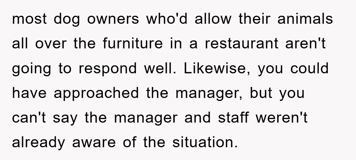 most dog owners who'd allow their animals all over the furniture in a restaurant aren't going to respond well. Likewise, you could have approached the manager, but you can't say...