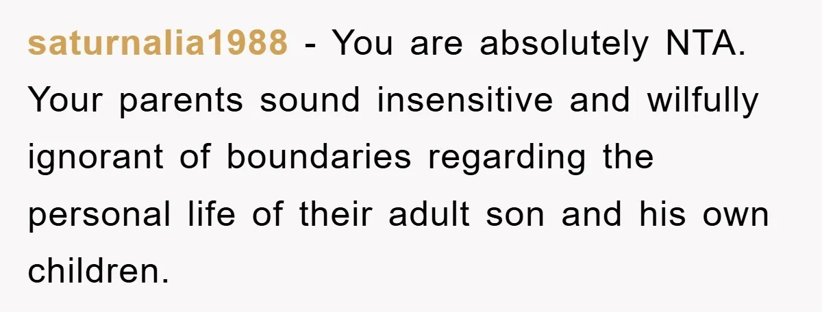 saturnalia1988 − You are absolutely NTA. Your parents sound insensitive and wilfully ignorant of boundaries regarding the personal life of their adult son and his own children.