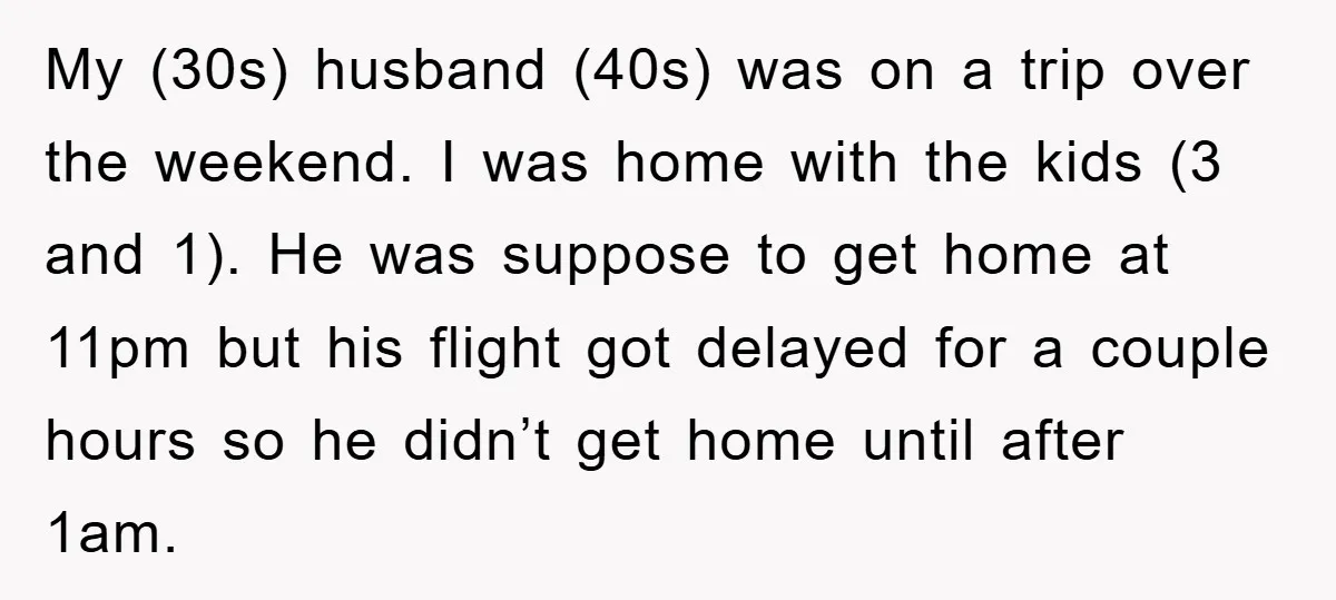 My (30s) husband (40s) was on a trip over the weekend. I was home with the kids (3 and 1). He was suppose to get home at 11pm but his...