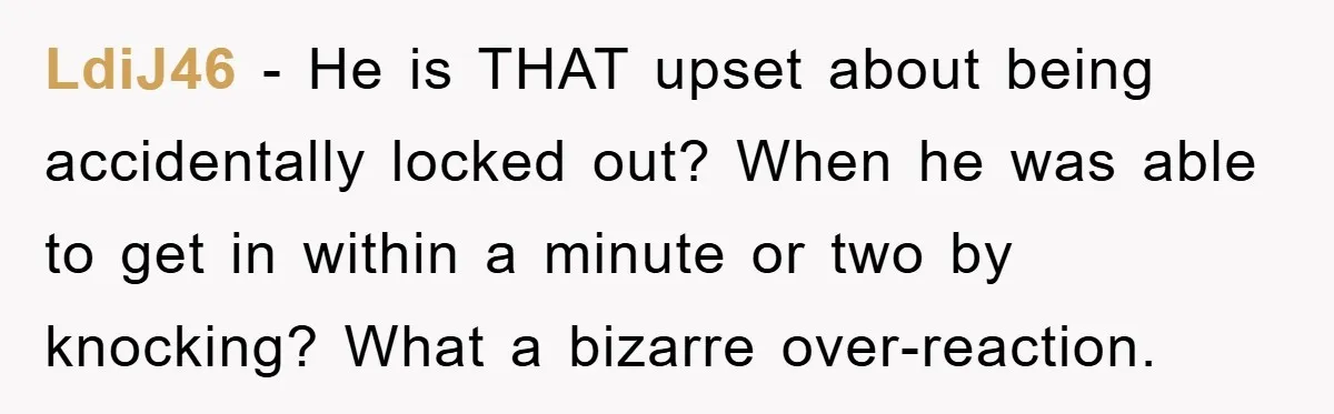 LdiJ46 − He is THAT upset about being accidentally locked out? When he was able to get in within a minute or two by knocking? What a bizarre over-reaction.
