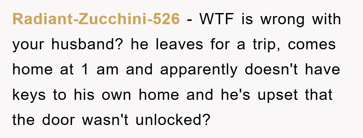 Radiant-Zucchini-526 − WTF is wrong with your husband? he leaves for a trip, comes home at 1 am and apparently doesn't have keys to his own home and he's upset...