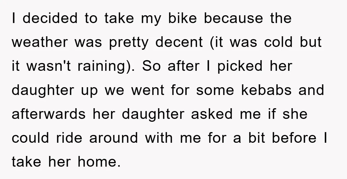I decided to take my bike because the weather was pretty decent (it was cold but it wasn't raining). So after I picked her daughter up we went for some...