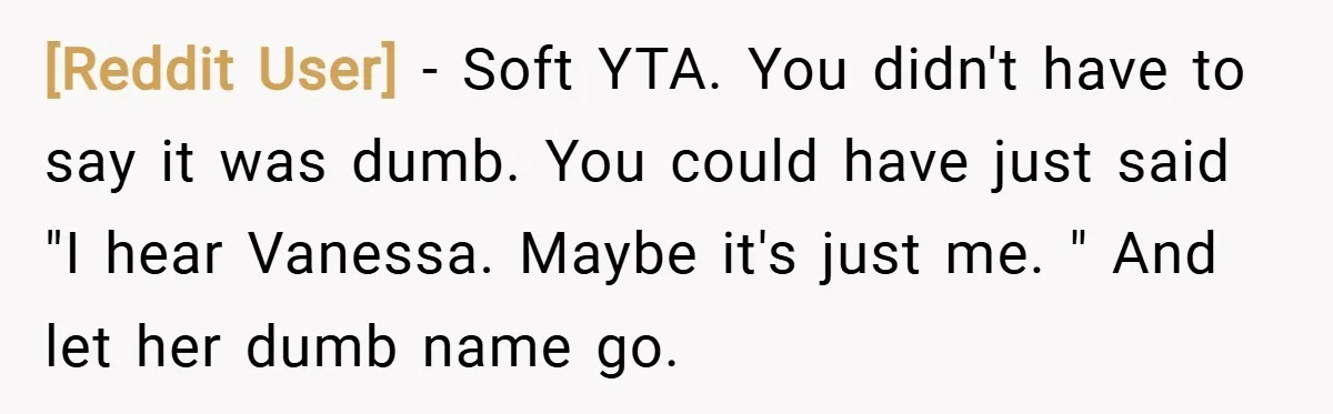 [Reddit User] − Soft YTA. You didn't have to say it was dumb. You could have just said "I hear Vanessa. Maybe it's just me. " And let her dumb...