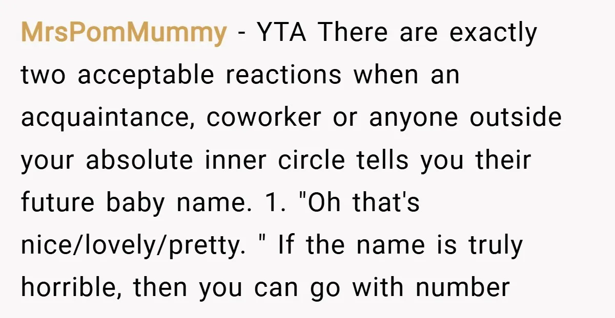 MrsPomMummy − YTA There are exactly two acceptable reactions when an acquaintance, coworker or anyone outside your absolute inner circle tells you their future baby name. 1. "Oh that's nice/lovely/pretty....