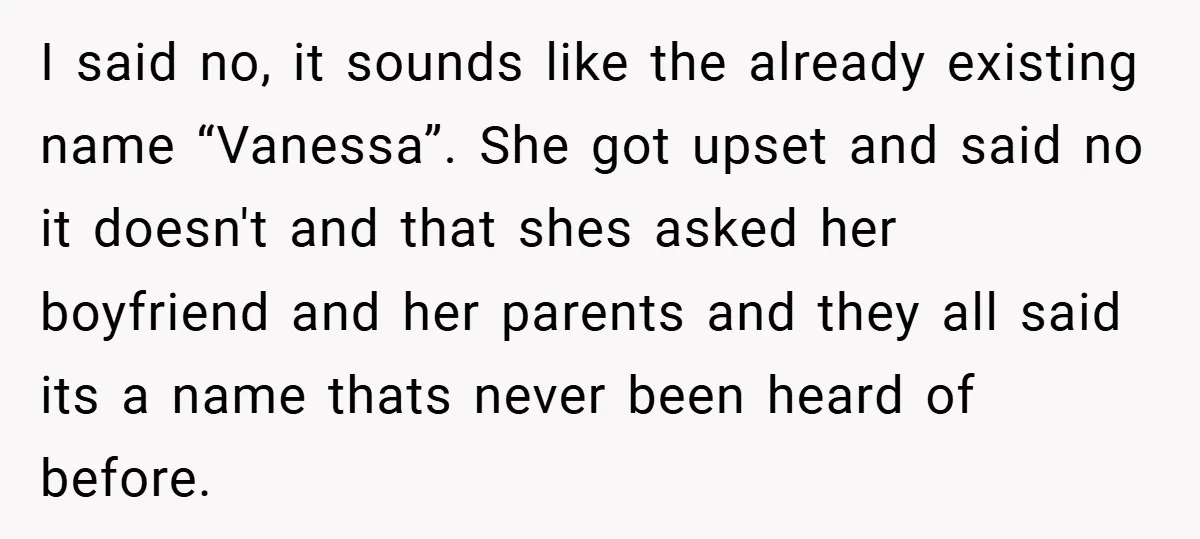 I said no, it sounds like the already existing name “Vanessa”. She got upset and said no it doesn't and that shes asked her boyfriend and her parents and they...
